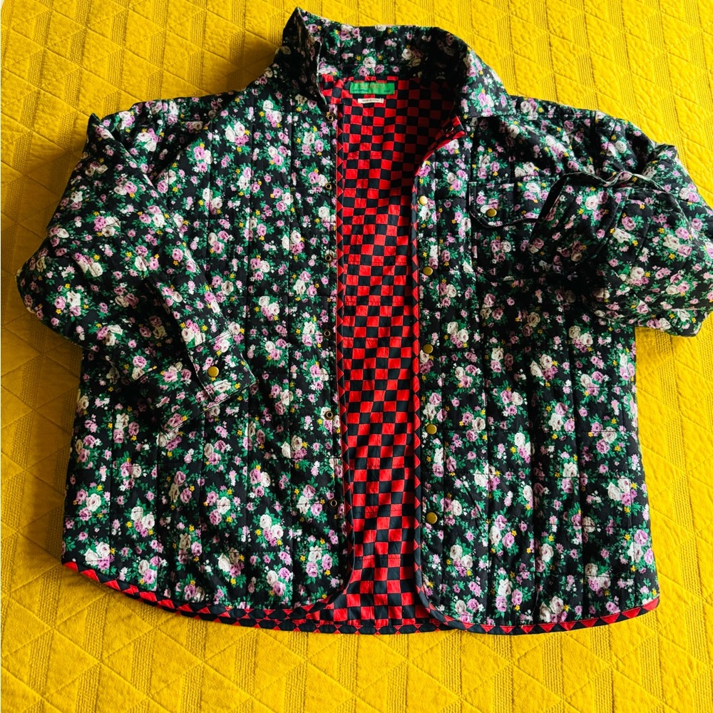 Clare V Reversible Floral Quilted Jacket with Red Checkered